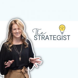 Professional image of Andrea smiling, long blond hair, in black shirt with text that reads "The Strategist"