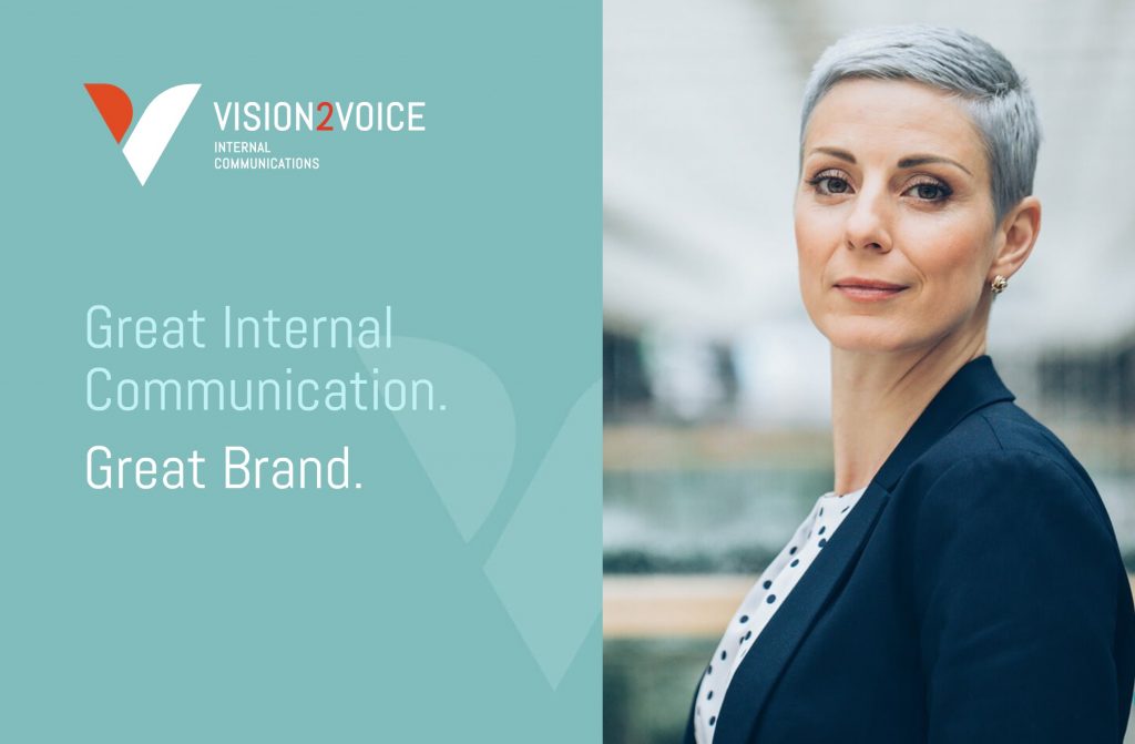 Image of Vision2Voice website homepage, text reads "Great internal communication. Great brand." Image of a professional woman with black jacket and cropped grey hair.
